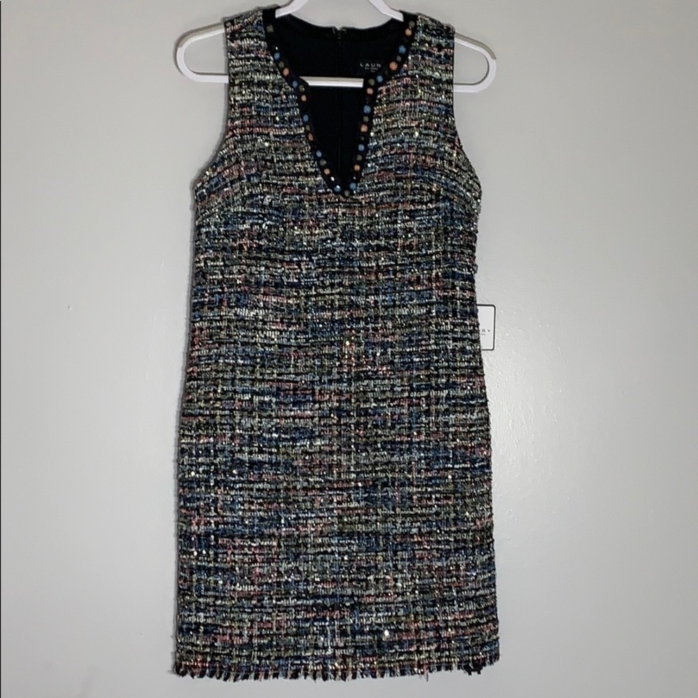Laundry classic Tweed Sheath multi color V Neck dress stone accent 6 new w tags